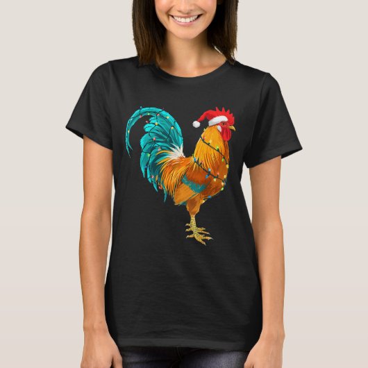 Funny Rooster Chicken Santa Christmas Lights Farme T-shirt (Voorkant)