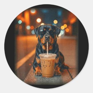 Funny rottweiler drinking iced coffee lover dog ronde sticker