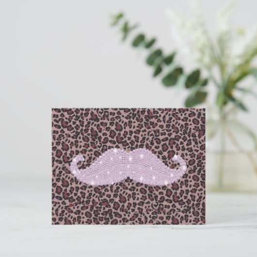 Funny Roze Bling Mustache en Animal Print Pattern Briefkaart (Staand voorkant)
