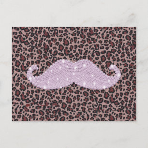 Funny Roze Bling Mustache en Animal Print Pattern Briefkaart