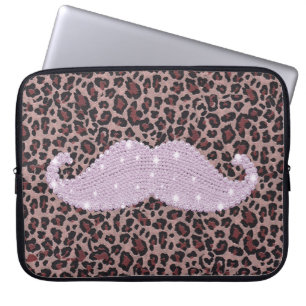 Funny Roze Bling Mustache en Animal Print Pattern Laptop Sleeve