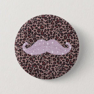Funny Roze Bling Mustache en Animal Print Pattern Ronde Button 5,7 Cm