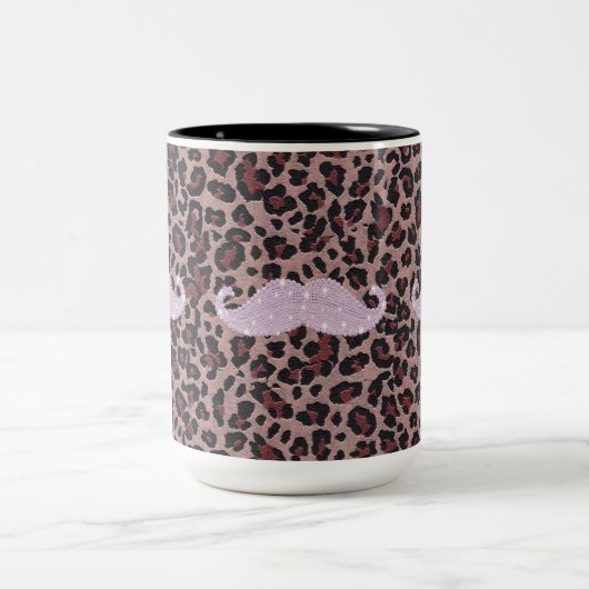 Funny Roze Bling Mustache en Animal Print Pattern Tweekleurige Koffiemok (Center)