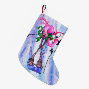 Funny Roze Flamingo Skier - Cartoon Drawing Comic  Kleine Kerstsok