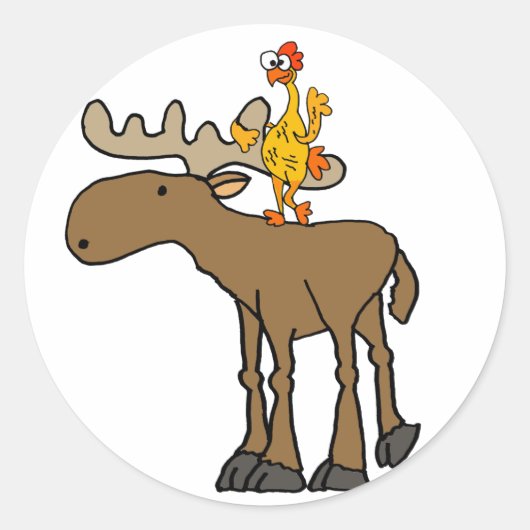 Funny Rubber Chicken Riding Moose Cartoon Ronde Sticker (Voorkant)