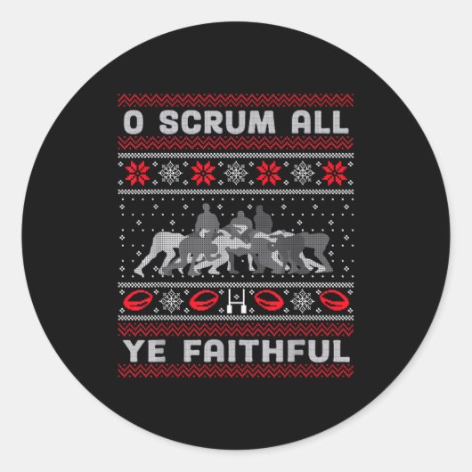 Funny Rugby O Scrum All Ye Faithful Ugly Merry Chr Ronde Sticker (Voorkant)