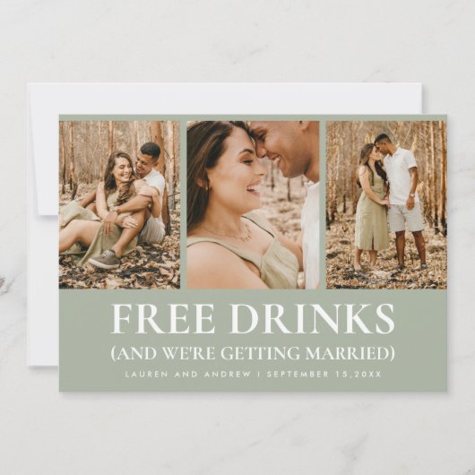 Funny Sage Green Free Drinken Modern Photo Wedding Save The Date (Voorkant)