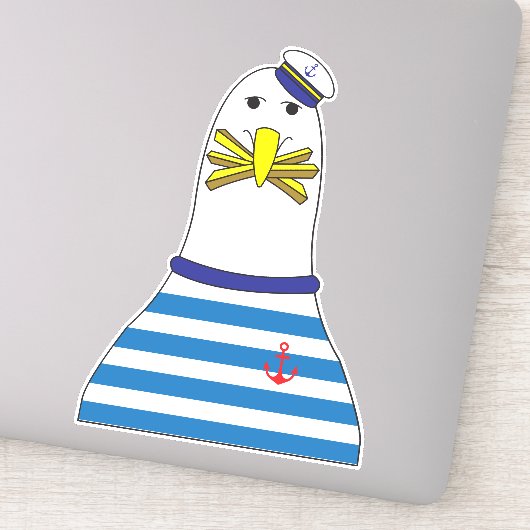 Funny Sailor Seagull Bird Eet French Fries Sticker (Detail)
