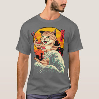 Funny Samurai Cat Sushi Ocean Wave Cute Japanese K T-shirt