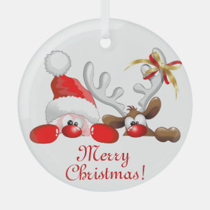 Funny Santa and Reindeer Cartoon Glas Ornament