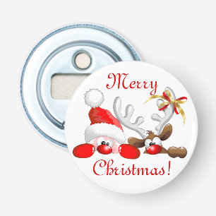 Funny Santa and Reindeer Cartoon Ornament Magnet B Button Flesopener