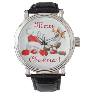 Funny Santa and Reindeer Cartoon Ornament Magnet B Horloge