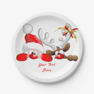 Funny Santa and Reindeer Cartoon Papieren Bordje