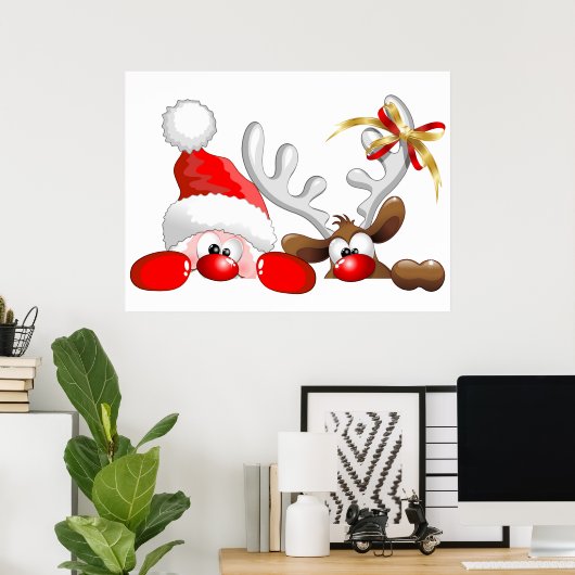 Funny Santa and Reindeer Cartoon Poster (Thuiskantoor)