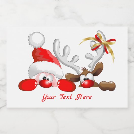 Funny Santa and Reindeer Cartoon Voedselcontainer Etiket (Enkel label)
