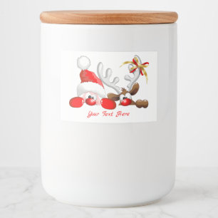 Funny Santa and Reindeer Cartoon Voedselcontainer Etiket