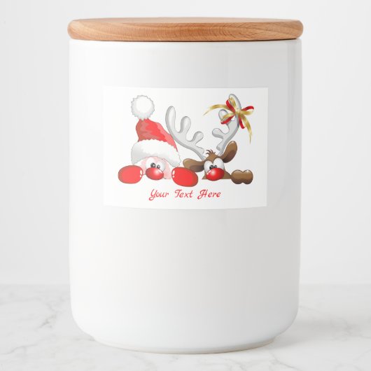 Funny Santa and Reindeer Cartoon Voedselcontainer Etiket (Voorkant)