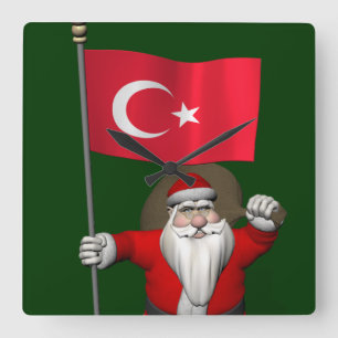 Funny Santa Claus met vlag van Turkije Vierkante Klok