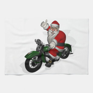 Funny Santa Claus op groene  motorfiets Theedoek