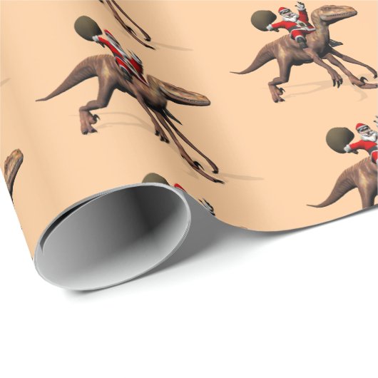 Funny Santa Claus Riding op Deinonychus Dinosaur Cadeaupapier (Rol Hoek)