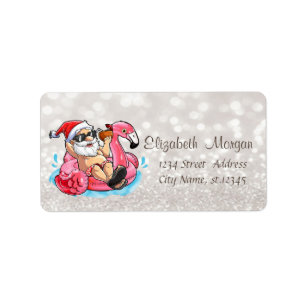 Funny Santa Claus, Roze Flamingos Glittery Boke Etiket