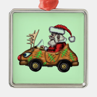 Funny Santa driver op Rudolph car-versiering Metalen Ornament