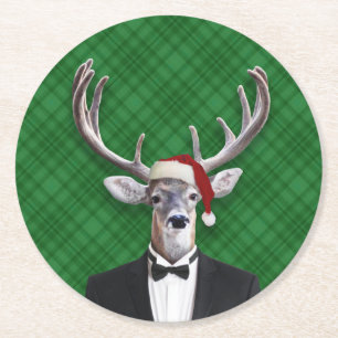 Funny Santa Hat Kerstmis Deer Green Pset Ronde Kartonnen Onderzetter