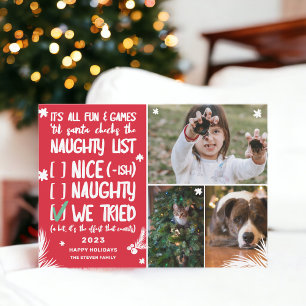 Funny Santa naughty list 3 foto's red Kerstmis Feestdagenkaart