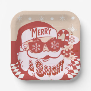 Funny Santa Retro Red Pink-kerstfeest Papieren Bordje
