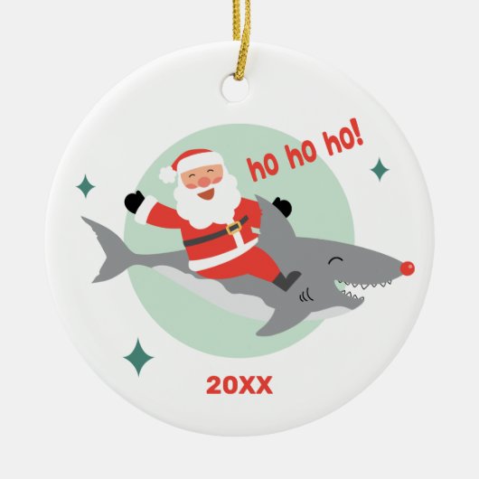 Funny Santa Riding a Shark Name Ceramic Ornament (Voorkant)
