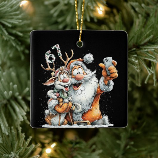 Funny Santa Rudolf Selfie Six Seven Christmas Keramisch Ornament (Boom)