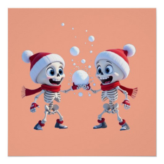 Funny Santa Skeletons Having a Snowball Fight Perfect Poster (Voorkant)