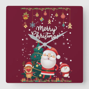 Funny Santa, Snowman, Reindeer Merry Kerstmis Vierkante Klok