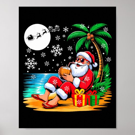 Funny Santa Sungles Drinking Coconut On Beach Chri Poster (Voorkant)