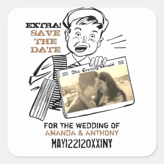 Funny save the date custom foto vierkante sticker (Voorkant)