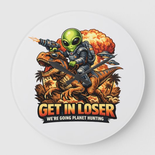 Funny Sci-Fi Fantasy Meme Art, Alien Riding Dinosa Grote Klok (Voorkant)