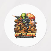 Funny Sci-Fi Fantasy Meme Art, Alien Riding Dinosa Labels (Design 1)