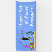 Funny scuba diver en vis zee creatures birthday spandoek (Verticaal)