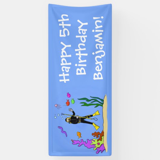 Funny scuba diver en vis zee creatures birthday spandoek (Verticaal)