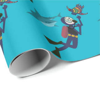FUNNY SCUBA DIVER UNDERWATER, ZEE TURTLE + SHARK CADEAUPAPIER