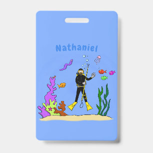 Funny scuba-duiker en cartoon van zee badge