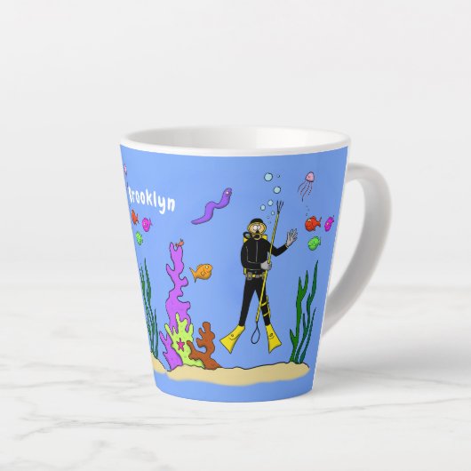 Funny scuba-duiker en cartoon van zee latte mok (Rechterhoek)
