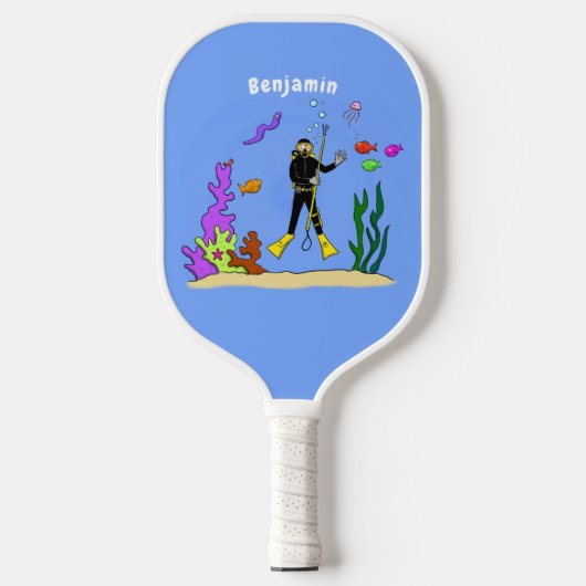 Funny scuba-duiker en cartoon van zee pickleball paddle (Voorkant)