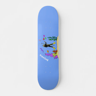 Funny scuba-duiker en cartoon van zee skateboard