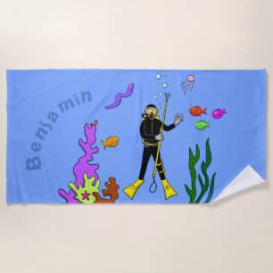 Funny scuba-duiker en vriendelijke cartoon handdoe strandlaken