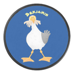 Funny seagull met Franse frieten cartoon Hockey Puck