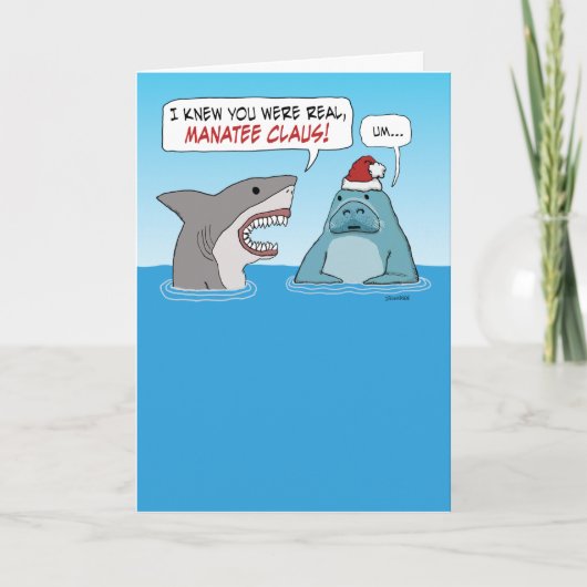 Funny Shark and Manatee Claus Kerstmis Kaart (Voorkant)