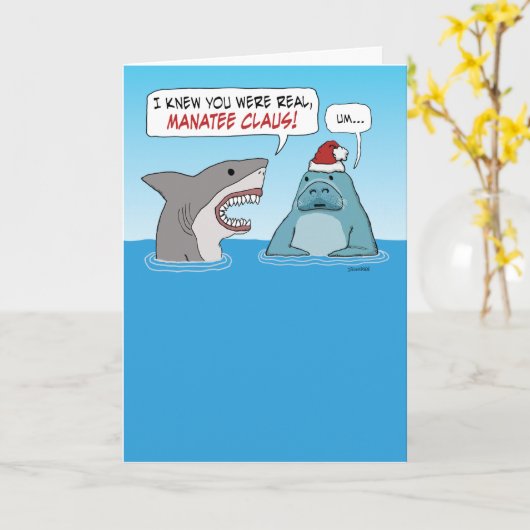 Funny Shark and Manatee Claus Kerstmis Kaart (Gele Bloem)