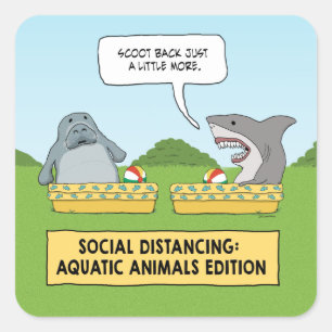 Funny Shark and Manatee Social Distancing Vierkante Sticker