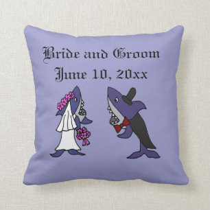 Funny Shark Bride en Groom Wedding Art Kussen